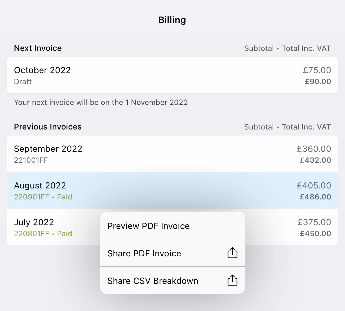 Billing Section of the App